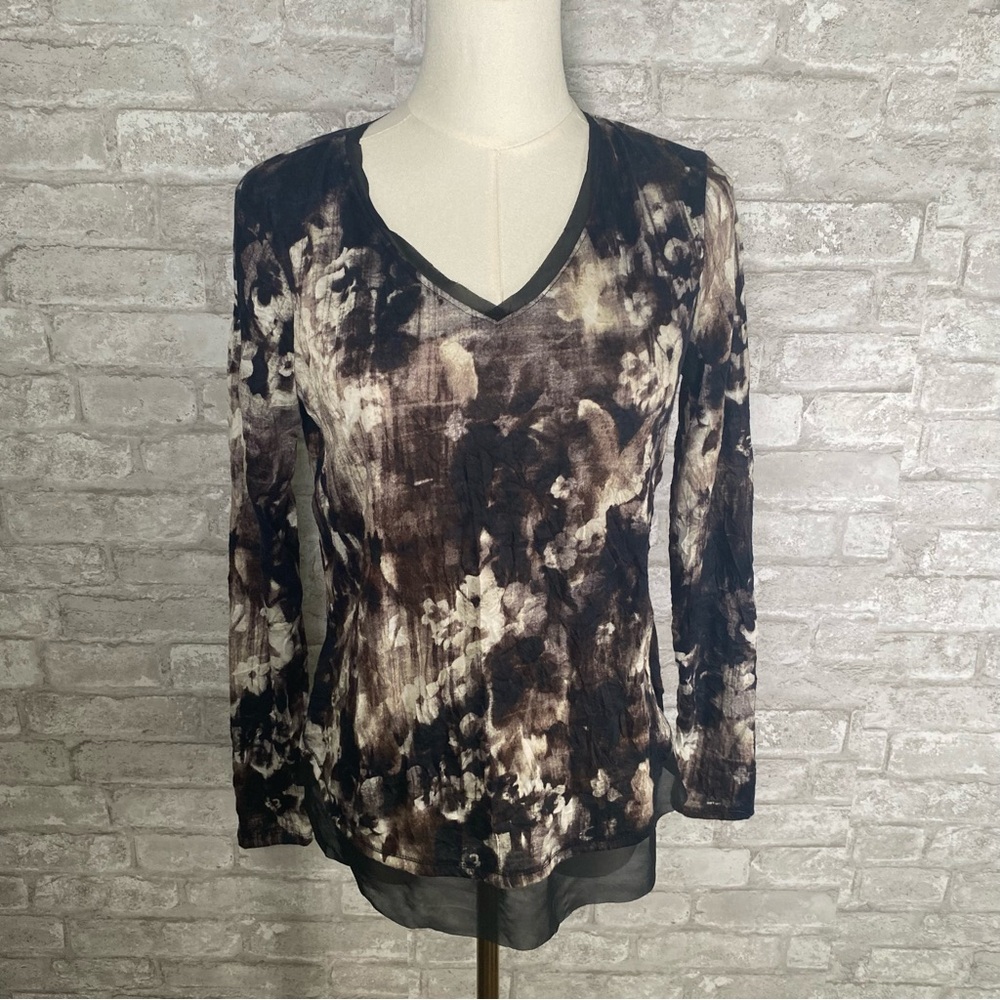 Semi sheer fairy grunge V-Neck floral blouse black mesh trim size small petite